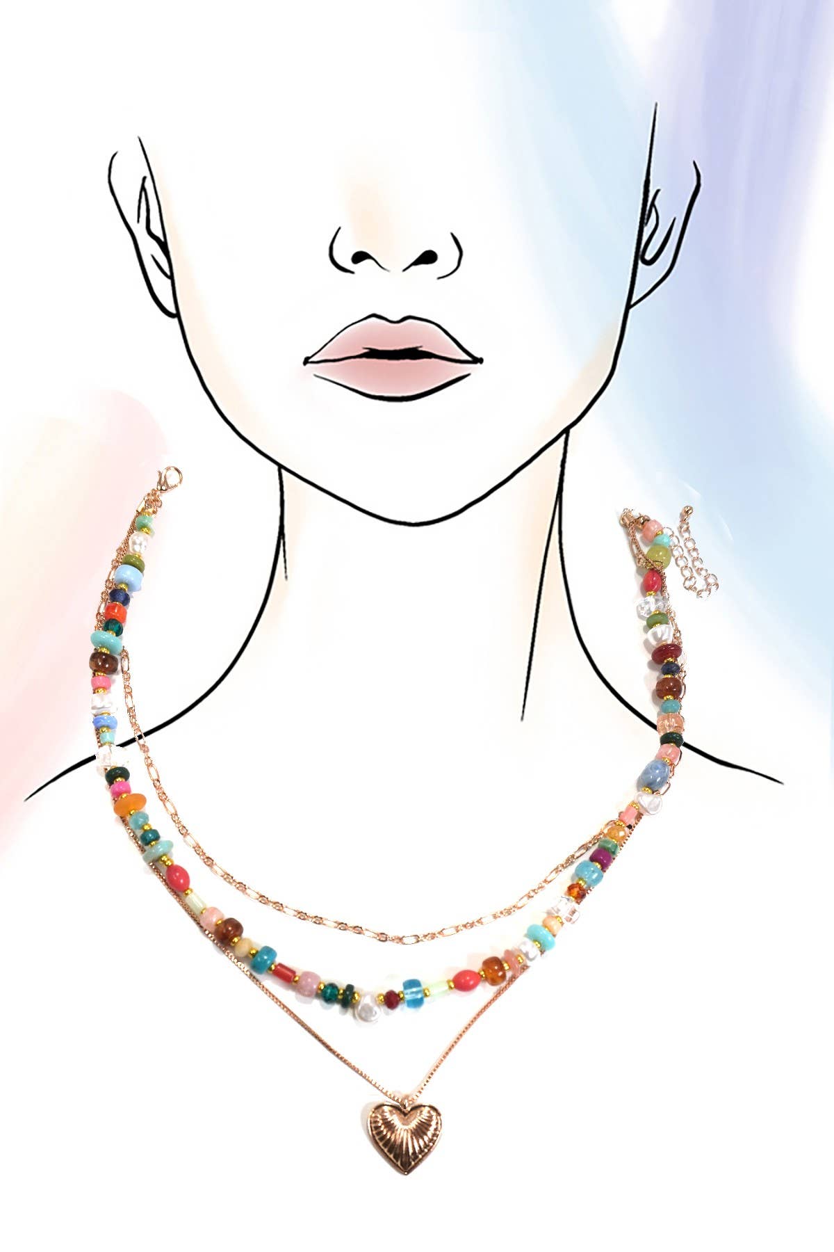 MULTI LAYERED BEADED HEART CHARM NECKLACE | GOLD