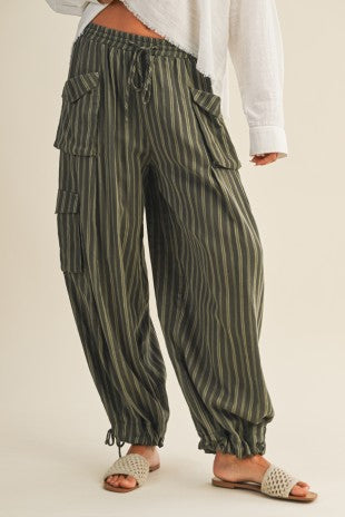 GREEN STRIPED CARGO PANTS