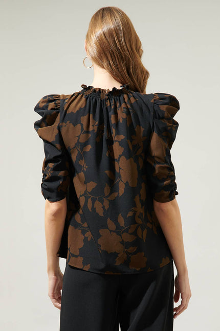 Toffee Floral Drape Sleeve Top: BROWN-BLACK