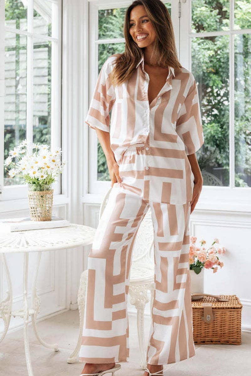 ABSTRACT PRINT COLLAR SHIRT & WIDE LEG PANTS SET: WHITE