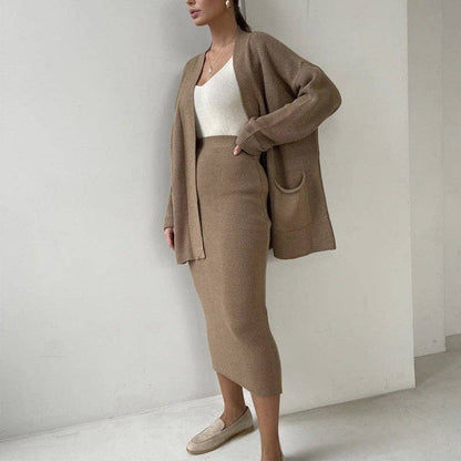 KHAKI CARDIGAN & SKIRT SET