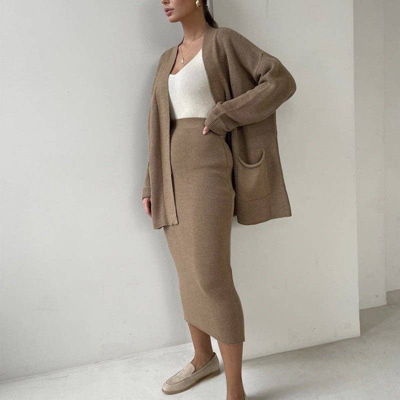Loose Solid Color Cardigan Sweater And Midi Skirt Set: KHAKI / One_size