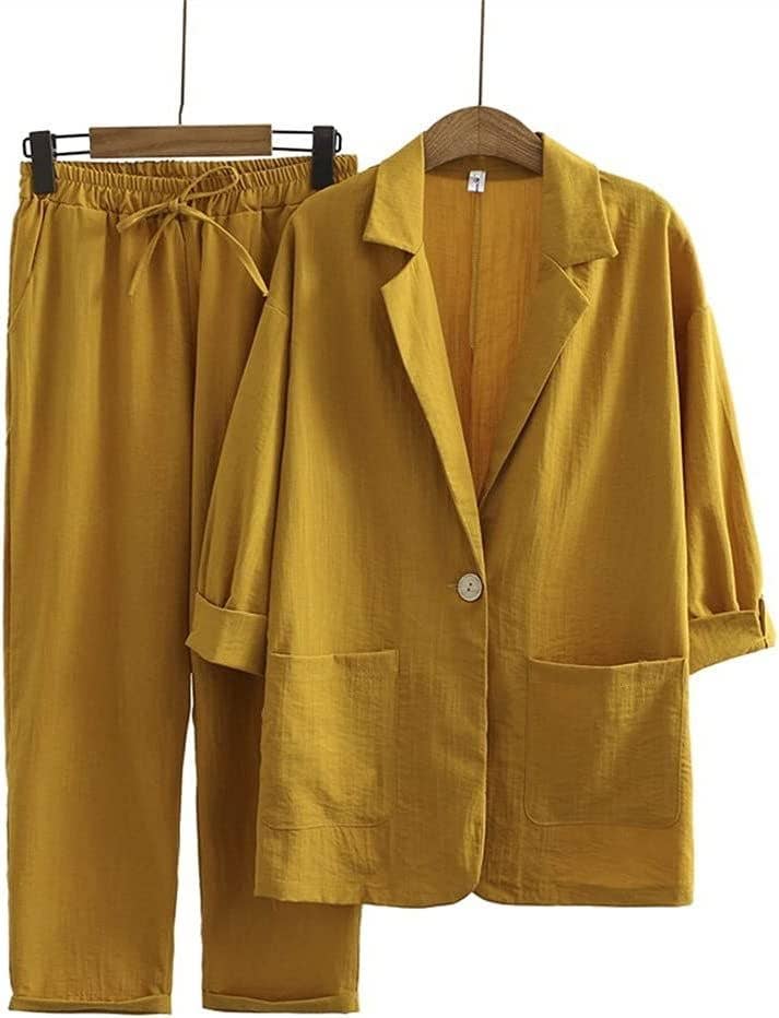 Office Daily Women's Casual Solid Color Cotton And Linen Pocket Pant Co-ord Set Pants Sets: Yellow