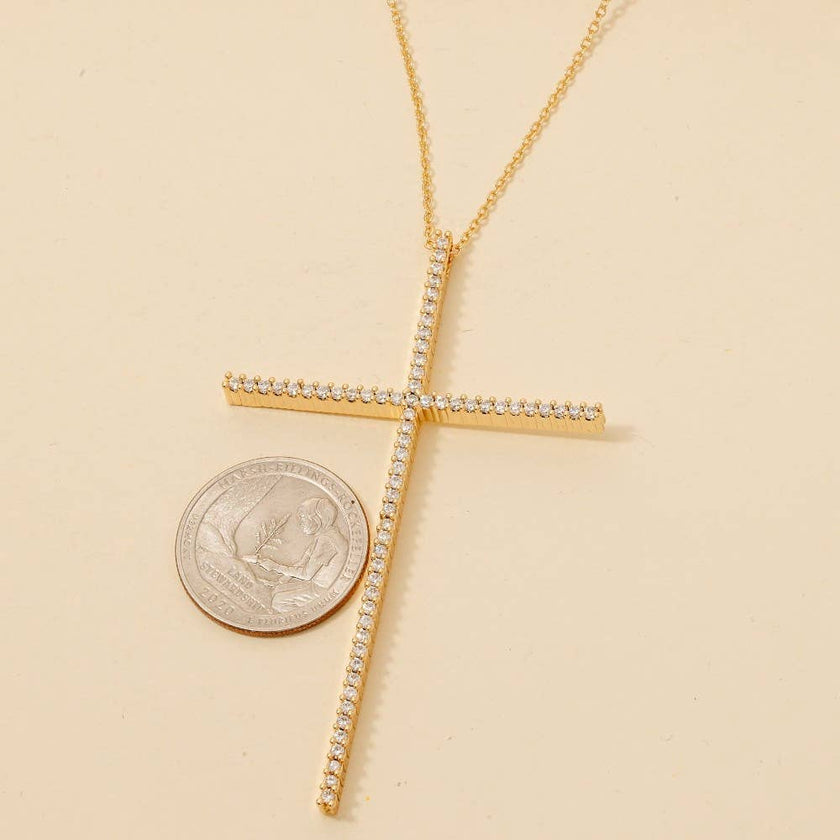 Gold Dipped Large Thin Cz Cross Pendant Necklace: G