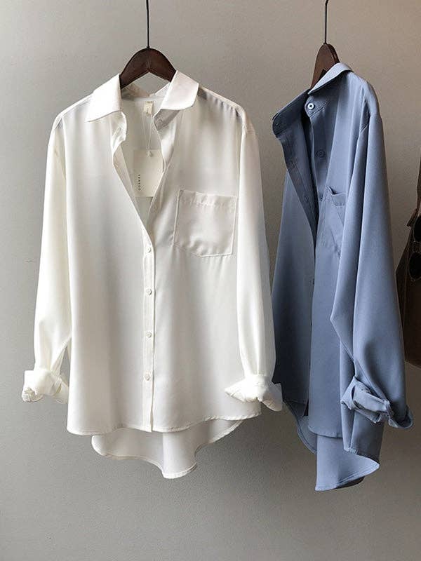 Urban Solid Color Lapel Long Sleeves Blouse: WHITE