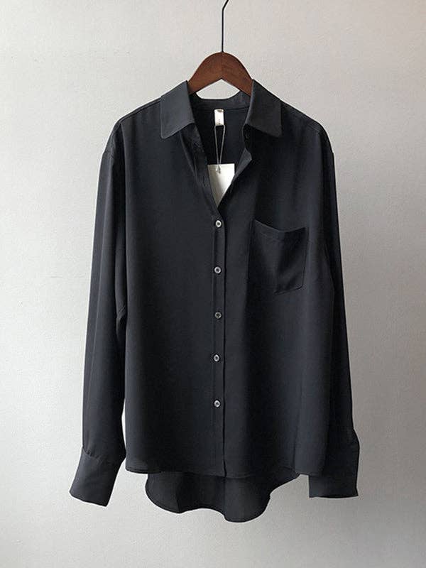 Urban Solid Color Lapel Long Sleeves Blouse: WHITE