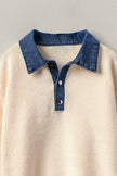Denim Collar Contrast Button Knit Pullover: IVORY