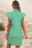 LDC Stripe Print Contrast Collar Split Neck Short Dress: Green