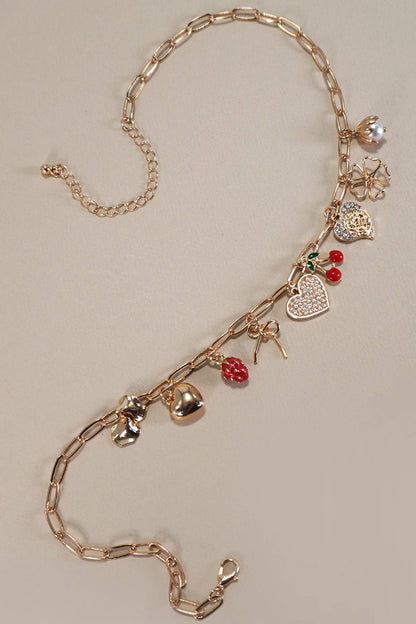 MULTI CHARM BOW CHERRY HEART NECKLACE | Gold