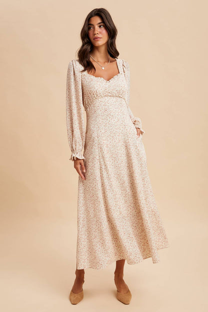 SWEETHEART FLORAL MAXI DRESS: OLIVE / M