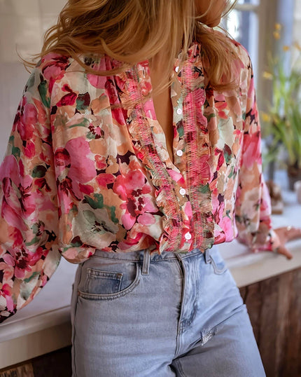 Idyllic Vibrant Floral Ruffled Design Blouse: Floral