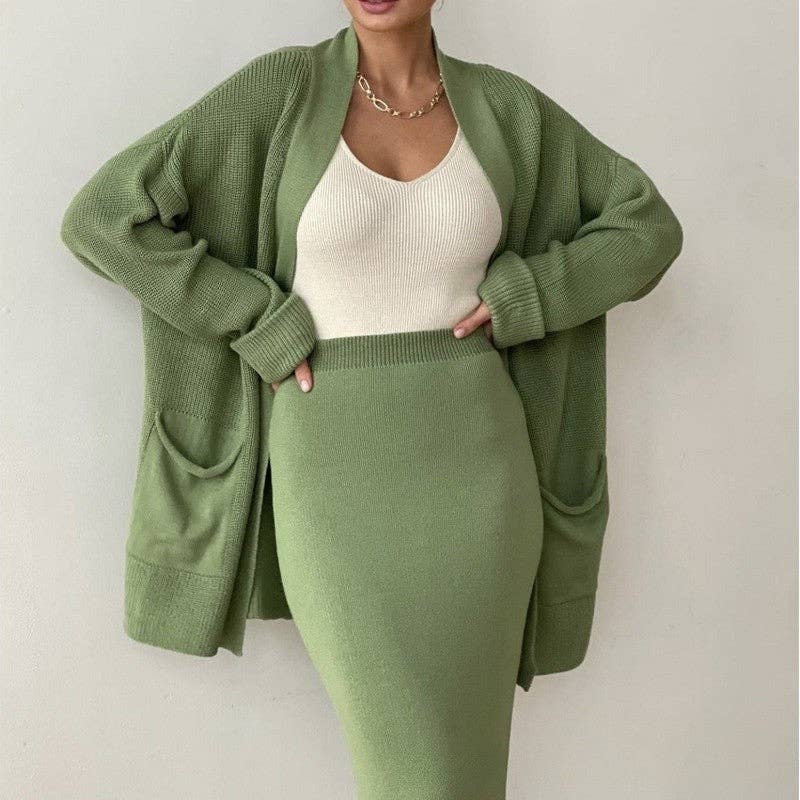 Loose Solid Color Cardigan Sweater And Midi Skirt Set: KHAKI / One_size