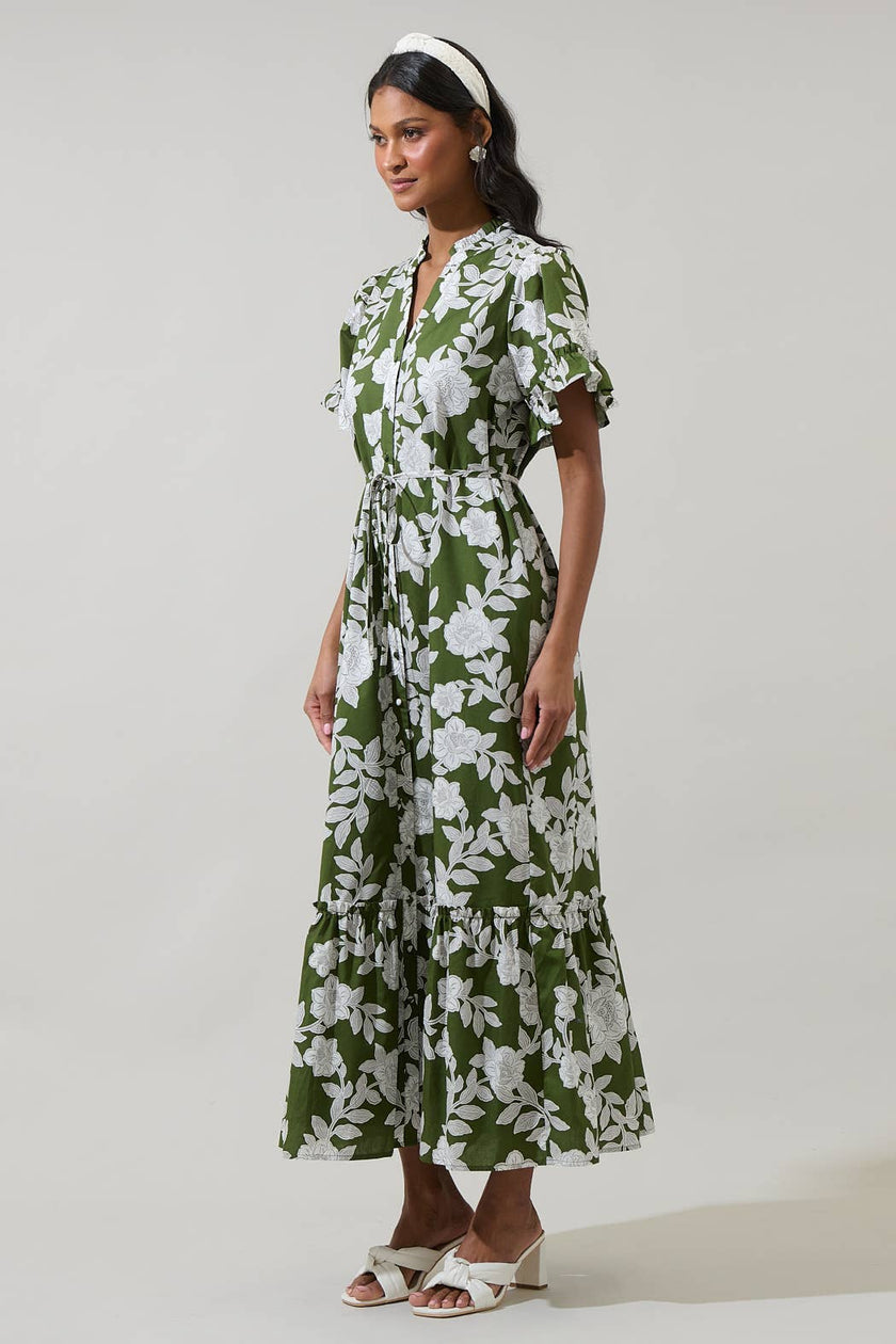 Haizley Floral Alna Button Up Midi Dress: CREAM-GREEN