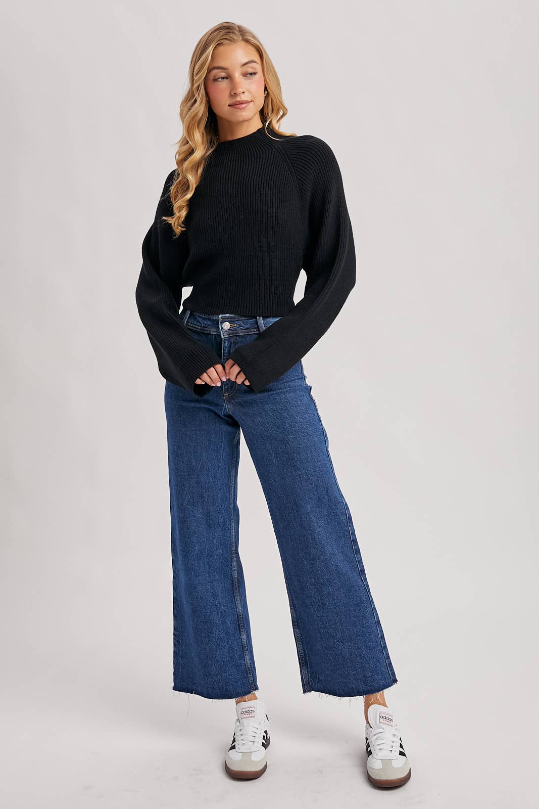 MOCK NECK OPEN BACK RIBBED KNIT TIE SWEATER TOP