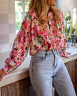 Idyllic Vibrant Floral Ruffled Design Blouse: Floral