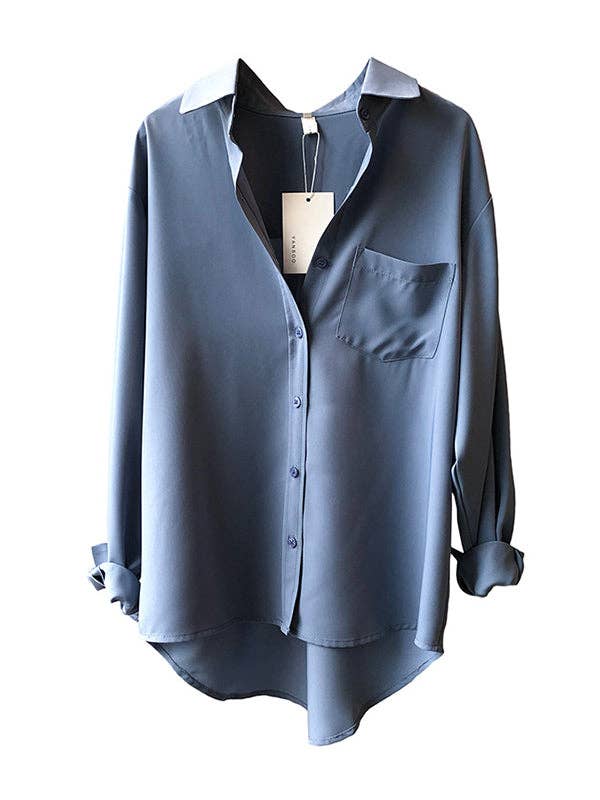 Urban Solid Color Lapel Long Sleeves Blouse: WHITE