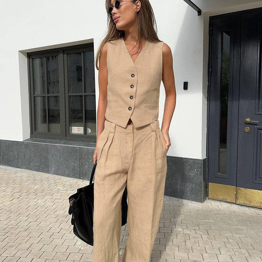 Solid Color Cotton Linen Trousers: Khaki