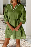 LDC Contrast Stitched V Neck 3/4 Sleeve Swingy Mini Dress: Jungle Green