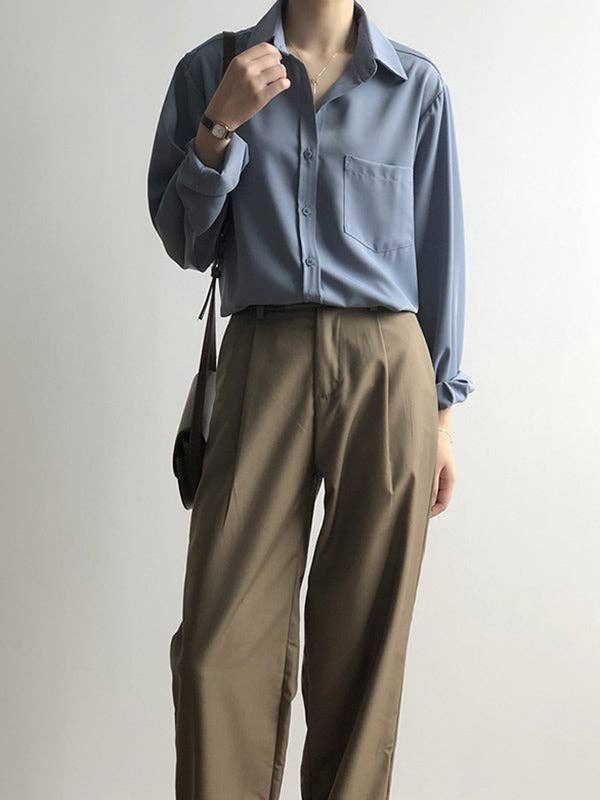 Urban Solid Color Lapel Long Sleeves Blouse: WHITE