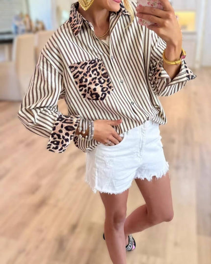 Chic Style Leopard & Striped Patchwork Shirt: