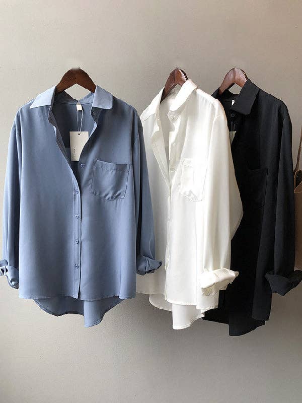 Urban Solid Color Lapel Long Sleeves Blouse: WHITE