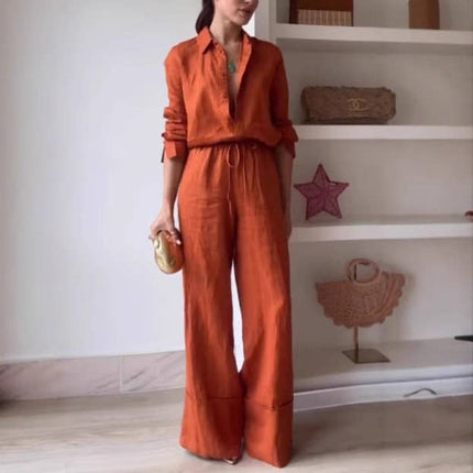 Casual Shirt And Wide-Leg Pants Two-Piece Set: Orange / S