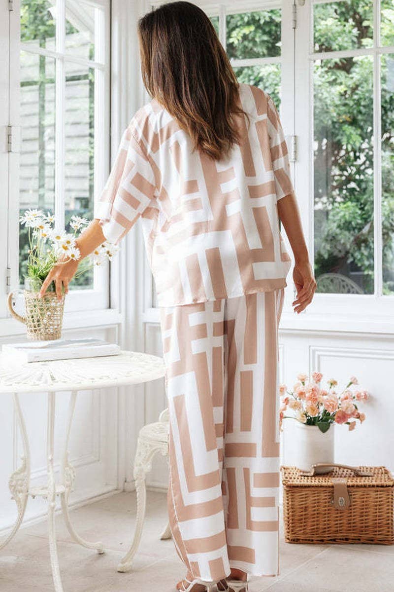 ABSTRACT PRINT COLLAR SHIRT & WIDE LEG PANTS SET: WHITE