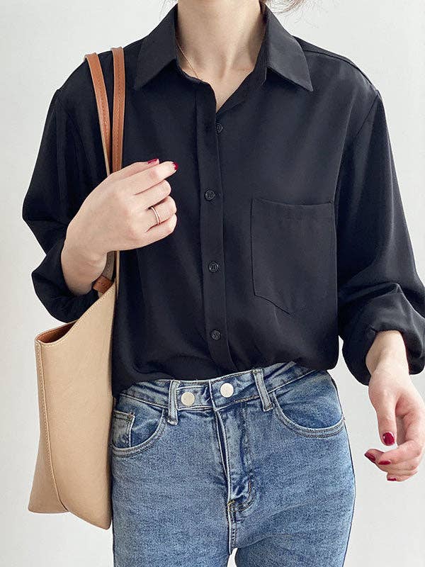 Urban Solid Color Lapel Long Sleeves Blouse: WHITE