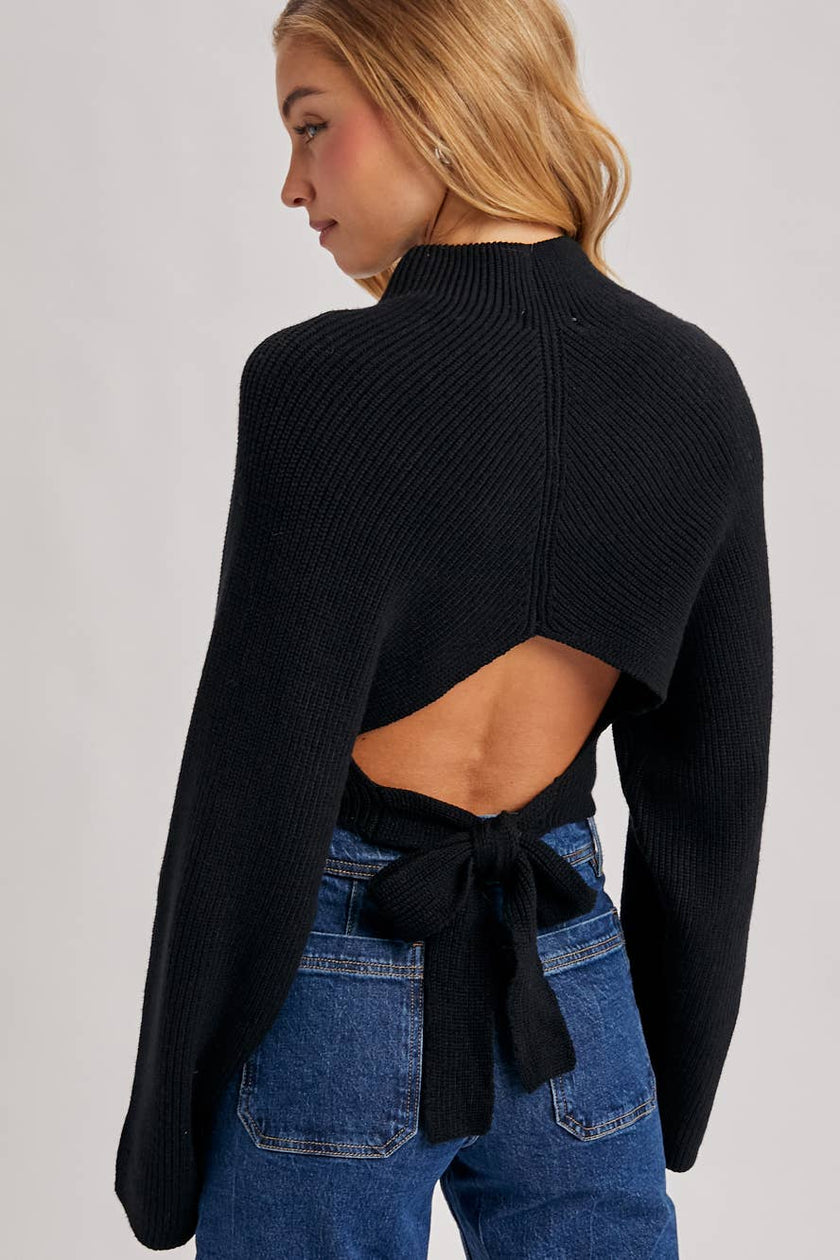 MOCK NECK OPEN BACK RIBBED KNIT TIE SWEATER TOP