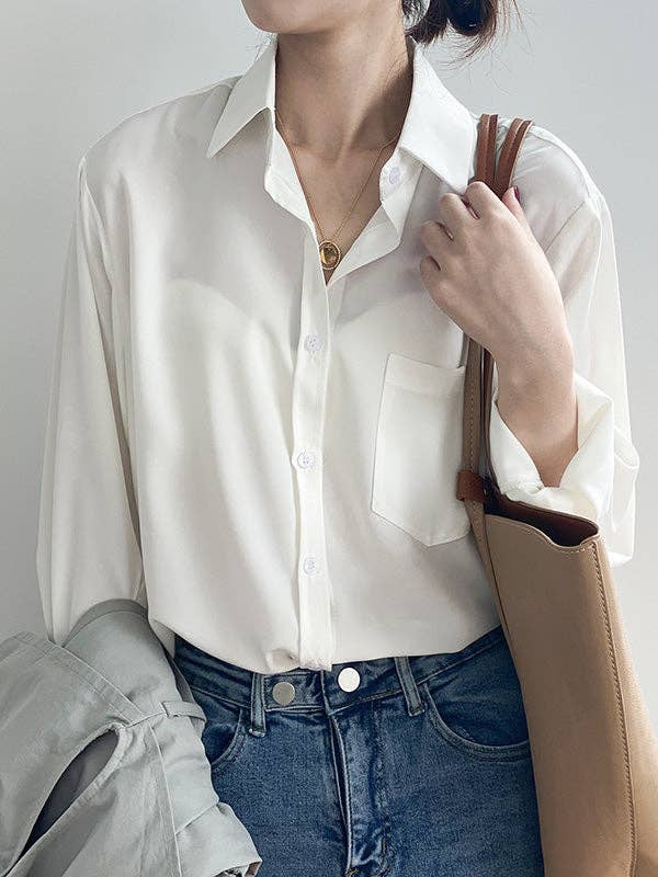 Urban Solid Color Lapel Long Sleeves Blouse: WHITE