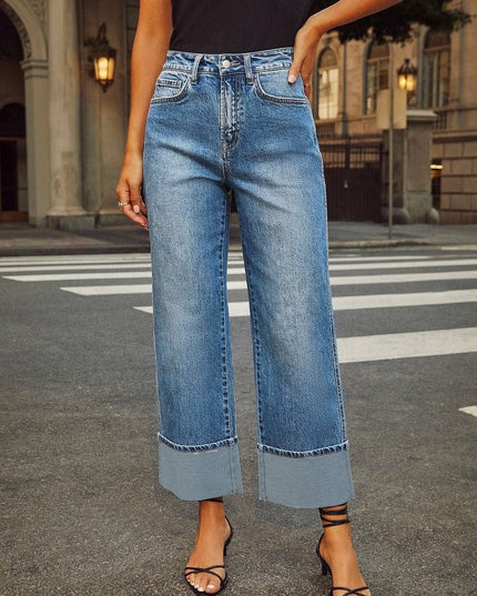 Basic High Rise Straight Cuff Jeans