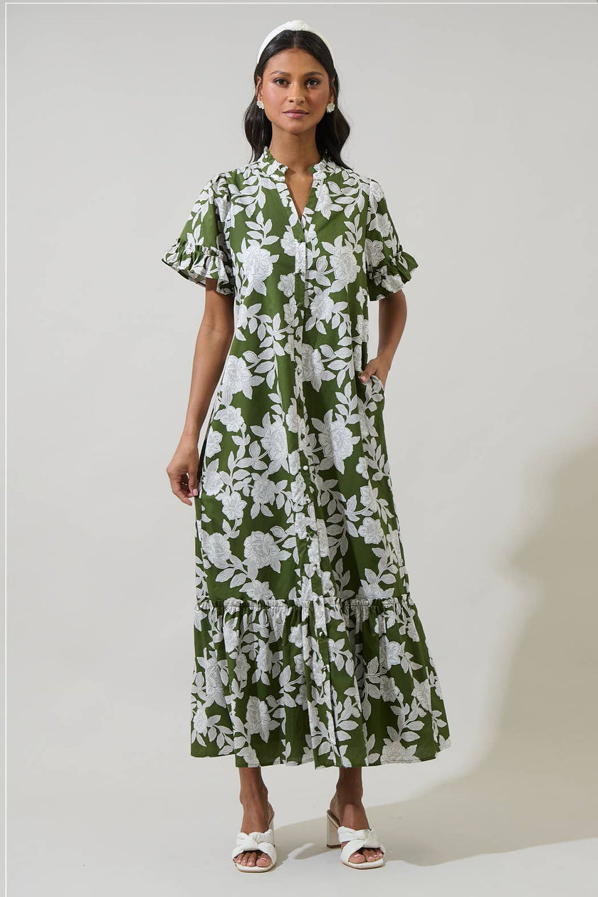 Haizley Floral Alna Button Up Midi Dress: CREAM-GREEN