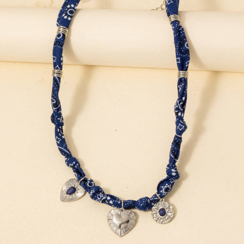 Stone Set Heart And Coin Charms Paisley Bandana Knotted Necklace: RHBLE
