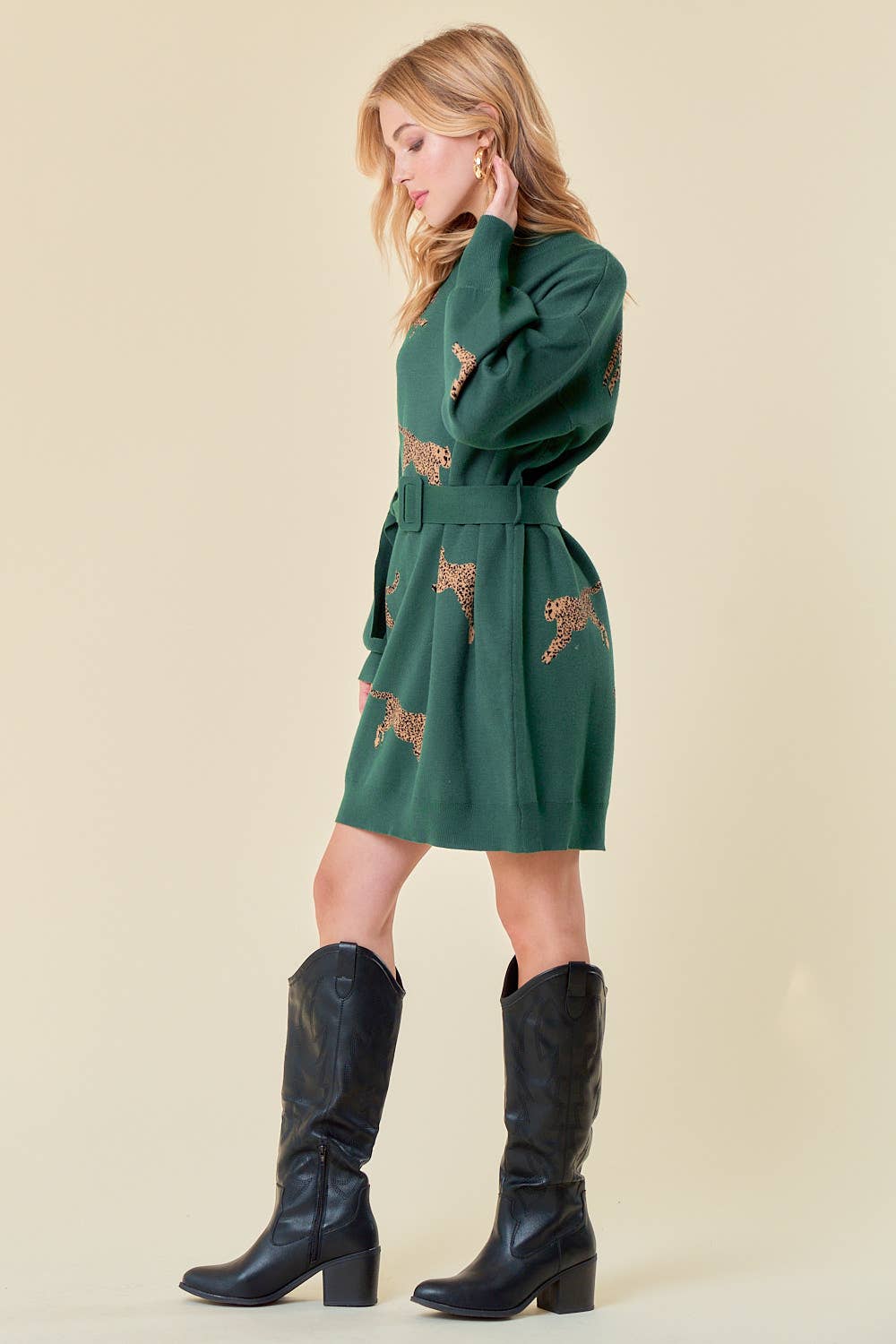 CHEETAH SWEATER BELTED DRESS