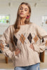 CESW3392 - DIAMOND PATTERN CABLE KNIT SWEATER: Oatmeal / S-M-L(2-2-2)