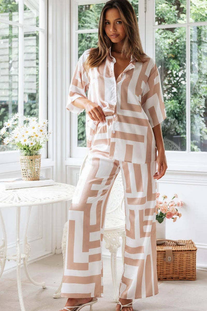 ABSTRACT PRINT COLLAR SHIRT & WIDE LEG PANTS SET: WHITE