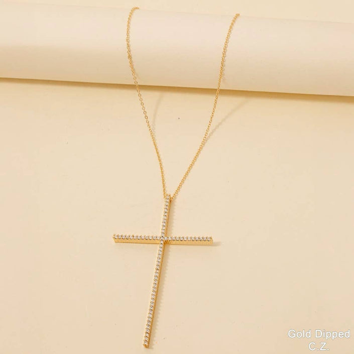 Gold Dipped Large Thin Cz Cross Pendant Necklace: G