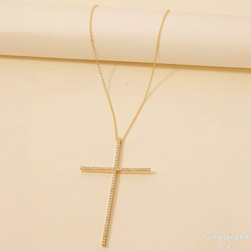 Gold Dipped Large Thin Cz Cross Pendant Necklace: G