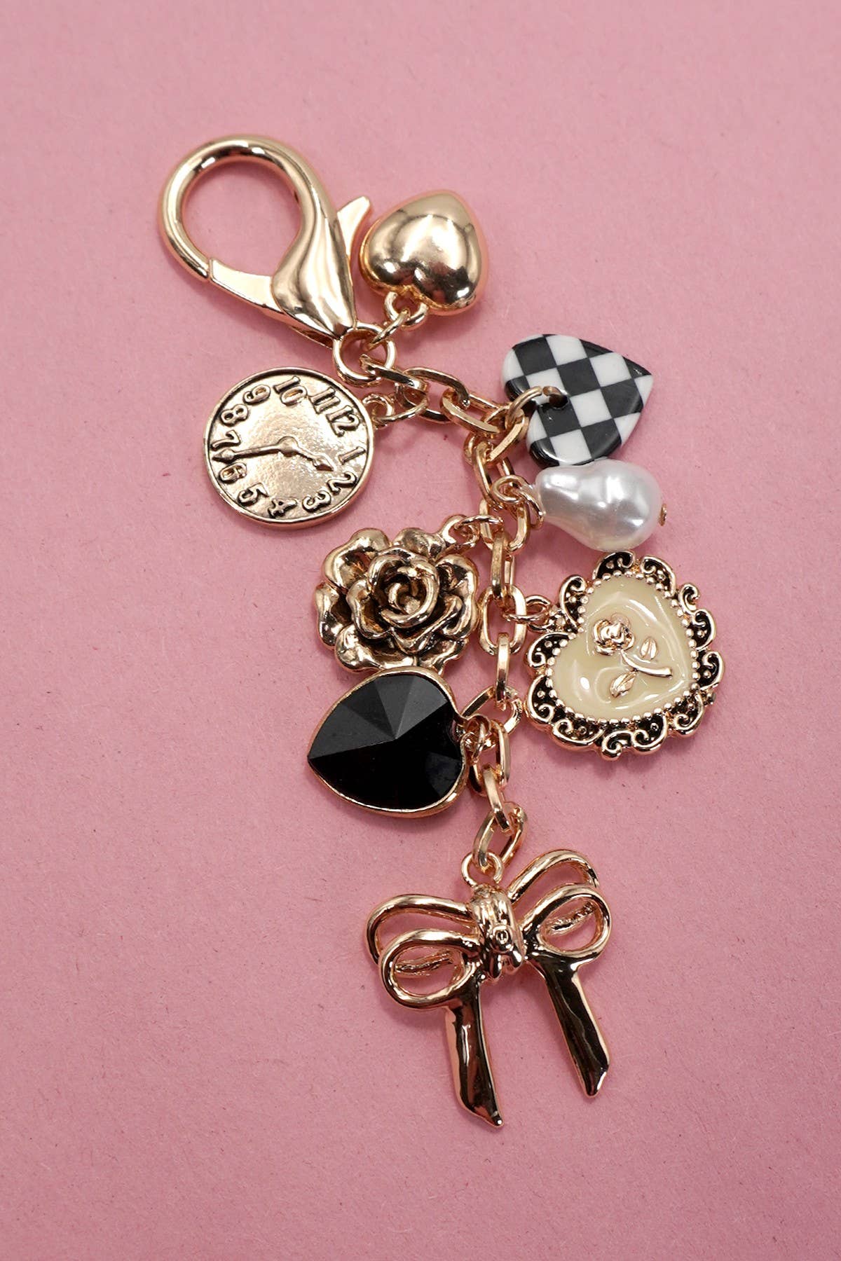 BOW CHECKER HEART FLOWER BAG CHARM | Gold