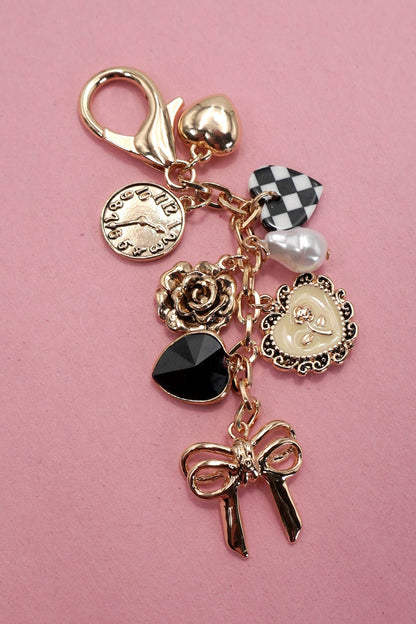 BOW CHECKER HEART FLOWER BAG CHARM | Gold