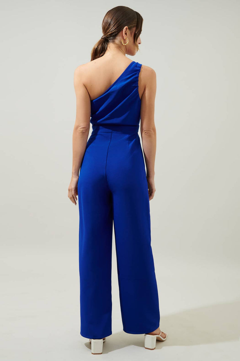 Blaine One Shoulder Ruched Jumpsuit: Cobalt