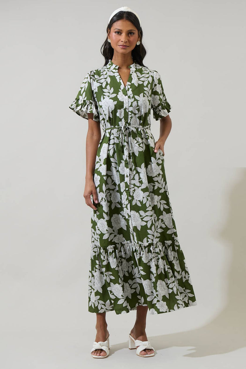 Haizley Floral Alna Button Up Midi Dress: CREAM-GREEN