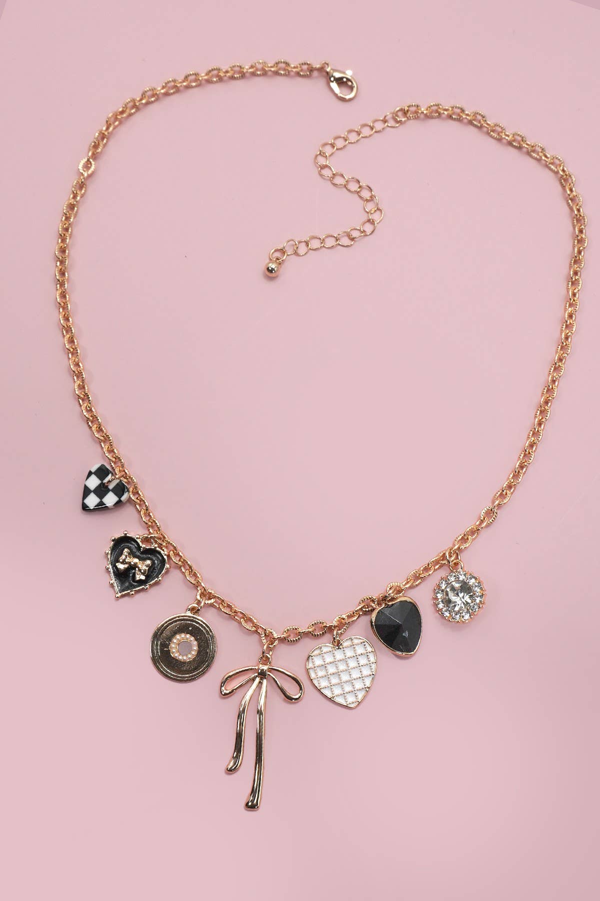 CHARM NECKLACE-BOW CHECKER HEART RHINESTONE | Gold