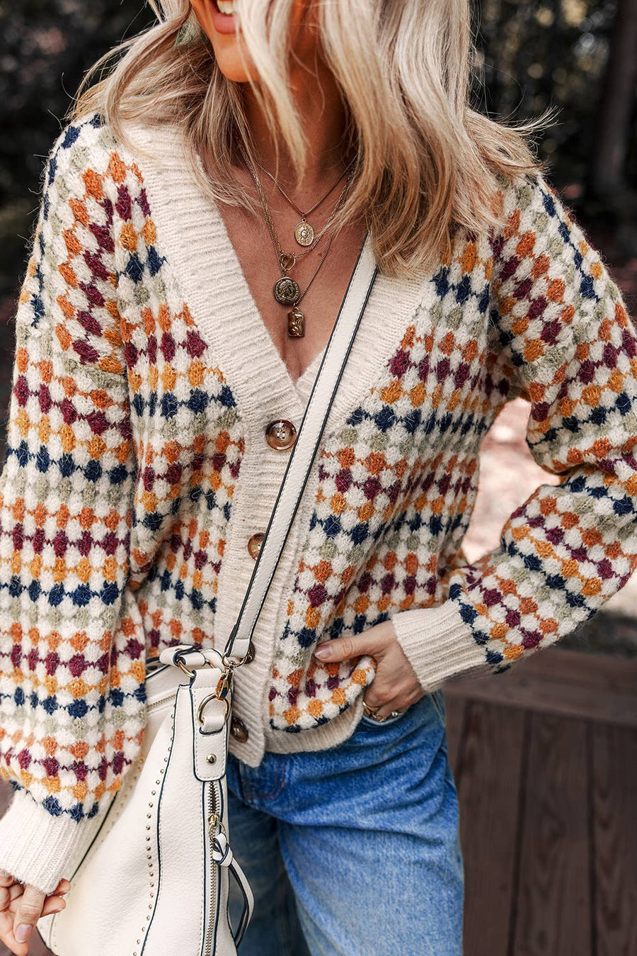 DOTTY PATTERN KNIT BUTTON FRONT SWEATER CARDIGAN