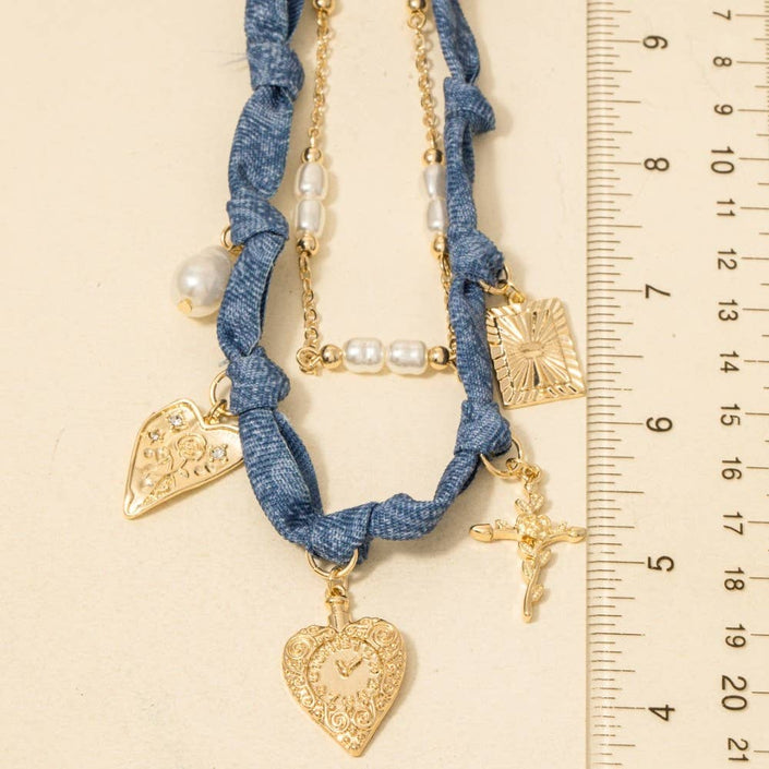 Paisley Denim And Assorted Charms Chain Layered Necklace: GDMBE