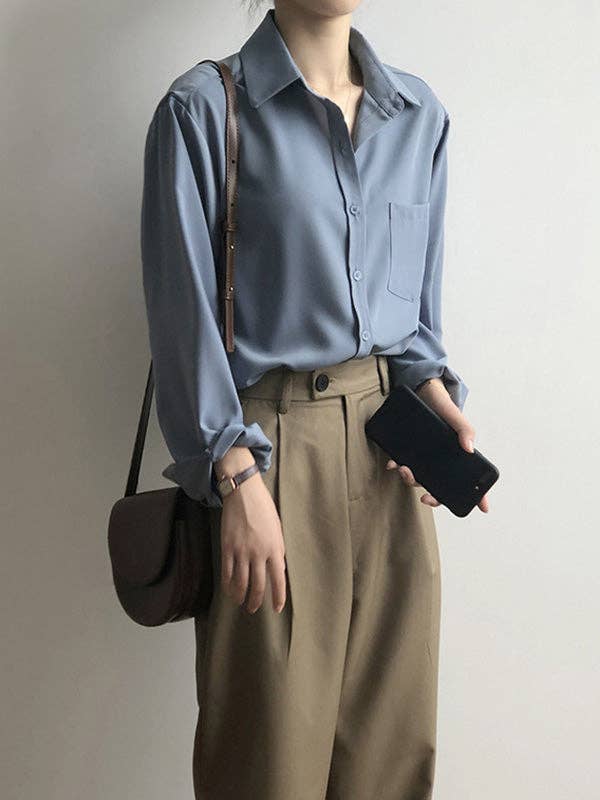 Urban Solid Color Lapel Long Sleeves Blouse: WHITE