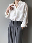 Urban Solid Color Lapel Long Sleeves Blouse: WHITE