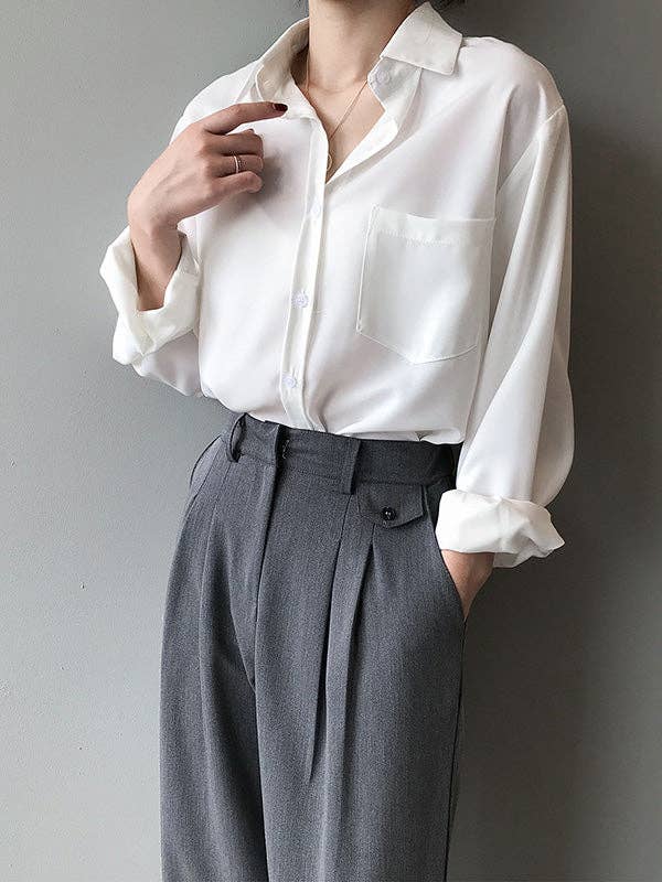 Urban Solid Color Lapel Long Sleeves Blouse: WHITE