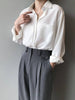 Urban Solid Color Lapel Long Sleeves Blouse: WHITE
