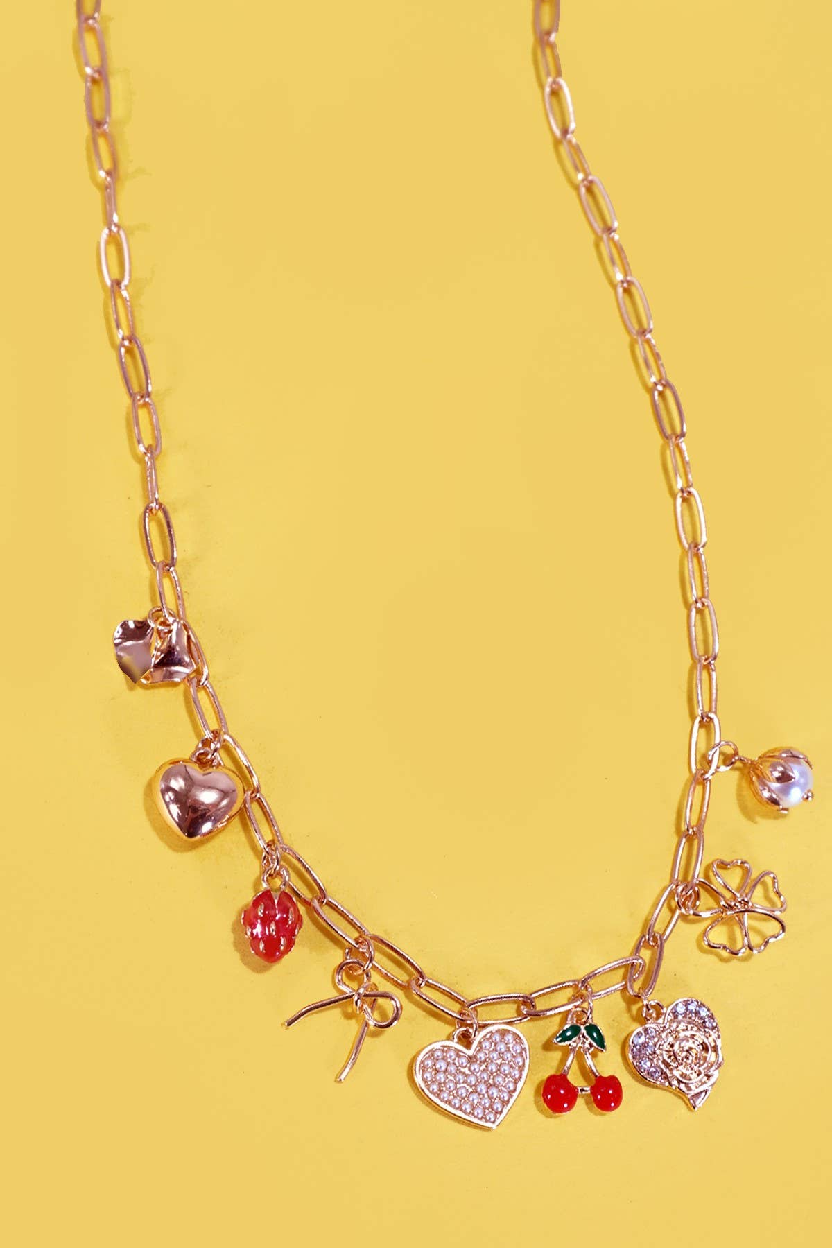 MULTI CHARM BOW CHERRY HEART NECKLACE | Gold